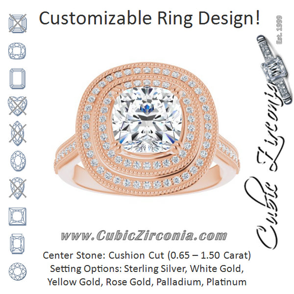 Cubic Zirconia Engagement Ring- The Aubriella (Customizable Cushion Cut Design with Elegant Double Halo, Houndstooth Milgrain and Band-Channel Accents)