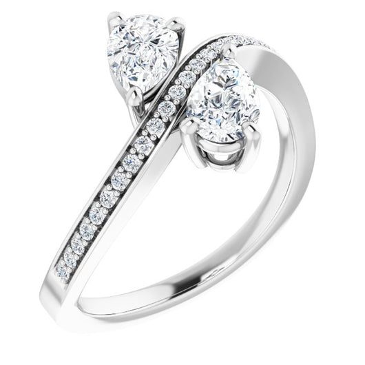 10K White Gold Customizable 2-stone Pear Cut Bypass Design with Thin Twisting Shared Prong Band