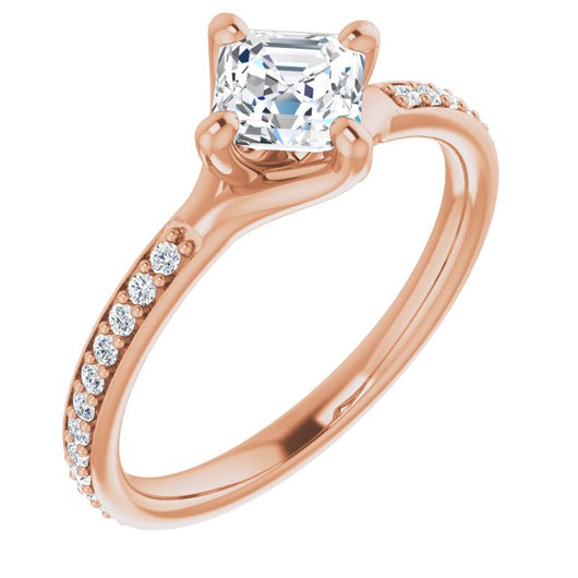 10K Rose Gold Customizable Asscher Cut Design featuring Thin Band and Shared-Prong Round Accents