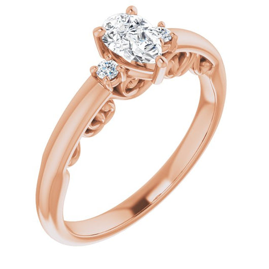 10K Rose Gold Customizable Pear Cut 3-stone Style featuring Heart-Motif Band Enhancement