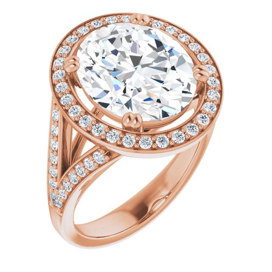 10K Rose Gold Customizable Cathedral-set Oval Cut Style with Accented Split Band and Halo