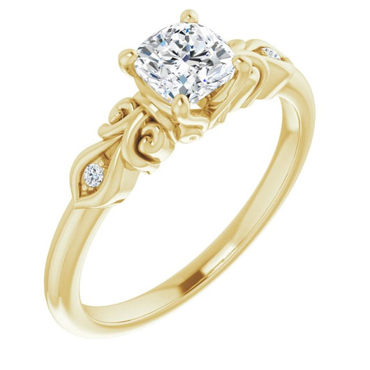 10K Yellow Gold Customizable 3-stone Cushion Cut Design with Small Round Accents and Filigree