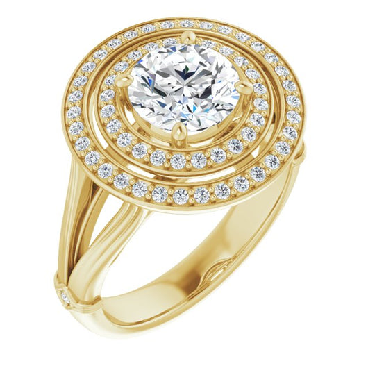 10K Yellow Gold Customizable Cathedral-set Round Cut Design with Double Halo, Wide Split Band and Side Knuckle Accents