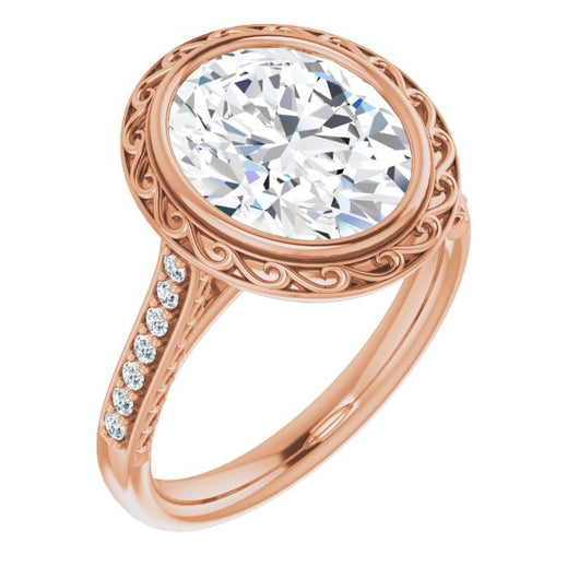 10K Rose Gold Customizable Cathedral-Bezel Oval Cut Design featuring Accented Band with Filigree Inlay