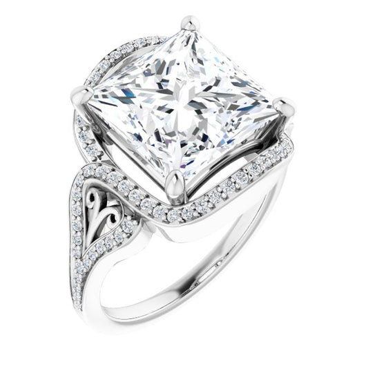 10K White Gold Customizable Princess/Square Cut Design with Bypass Halo and Split-Shared Prong Band