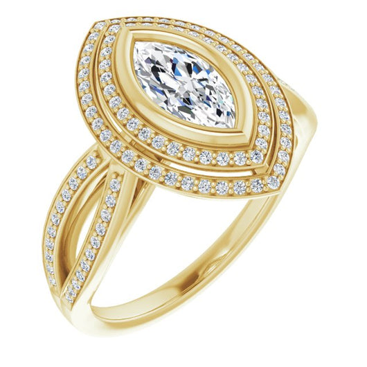 10K Yellow Gold Customizable Bezel-set Marquise Cut Style with Double Halo and Split Shared Prong Band