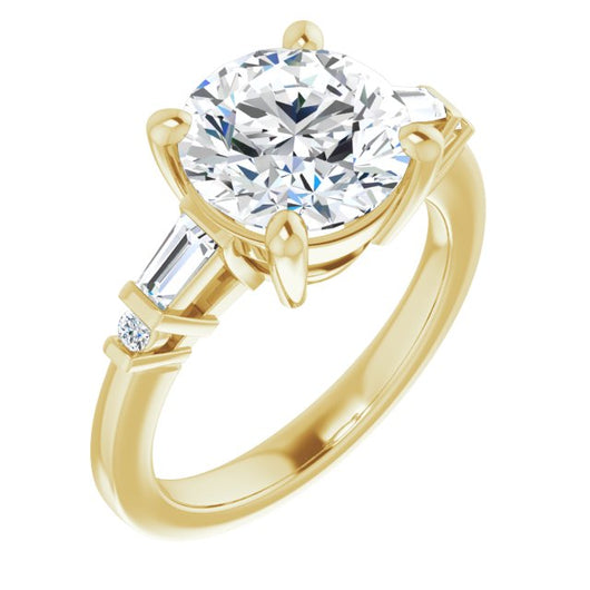 10K Yellow Gold Customizable 5-stone Baguette+Round-Accented Round Cut Design)