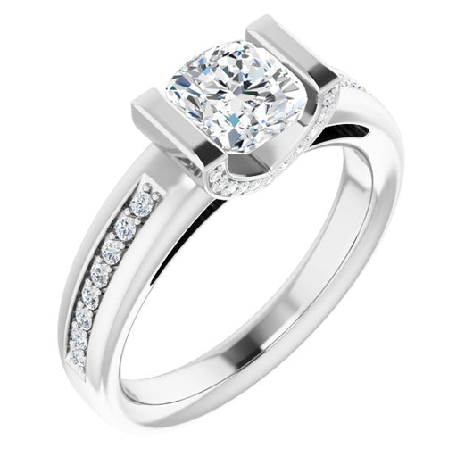 10K White Gold Customizable Cathedral-Bar Cushion Cut Design featuring Shared Prong Band and Prong Accents