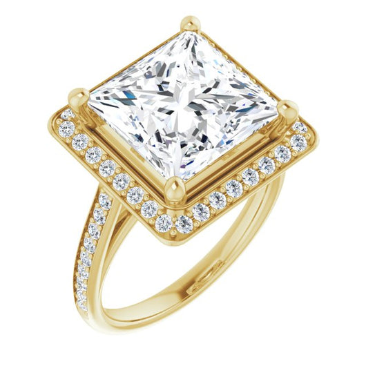 10K Yellow Gold Customizable Cathedral-raised Princess/Square Cut Halo-and-Accented Band Design