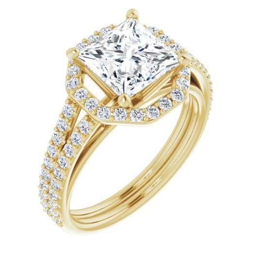 10K Yellow Gold Customizable Cathedral Princess/Square Cut Design with Geometric Halo & Split Pavé Band