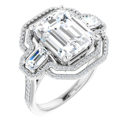 10K White Gold Customizable Enhanced 3-stone Style with Emerald/Radiant Cut Center, Emerald Cut Accents, Double Halo and Thin Shared Prong Band