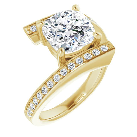 10K Yellow Gold Customizable Faux-Bar-set Cushion Cut Design with Accented Bypass Band