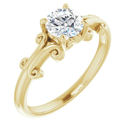 10K Yellow Gold Customizable Round Cut Solitaire with Band Flourish and Decorative Trellis