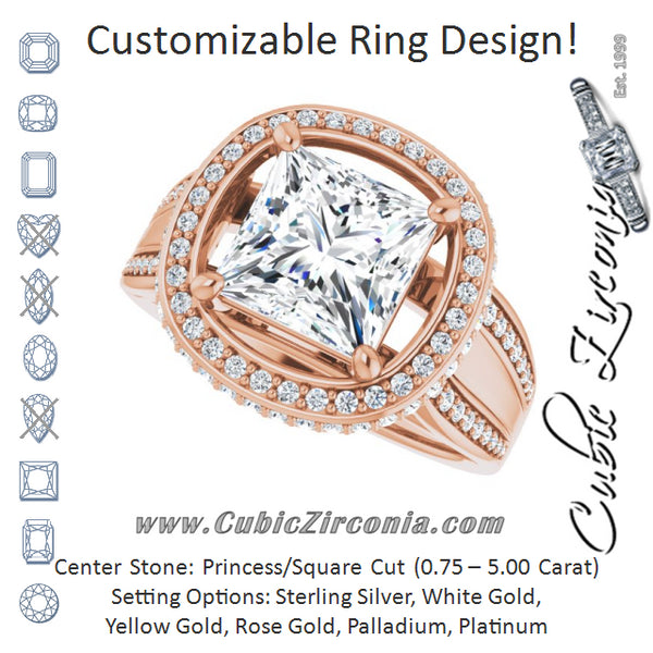 Cubic Zirconia Engagement Ring- The Deena (Customizable Halo-style Princess/Square Cut with Under-halo & Ultra-wide Band)