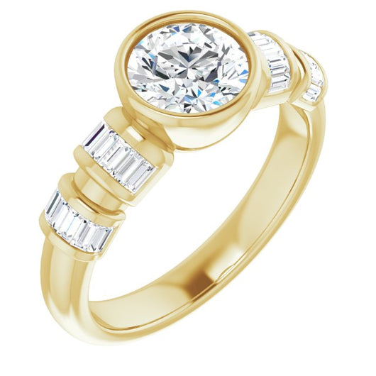 10K Yellow Gold Customizable Bezel-set Round Cut Design with Quad Horizontal Band Sleeves of Baguette Accents