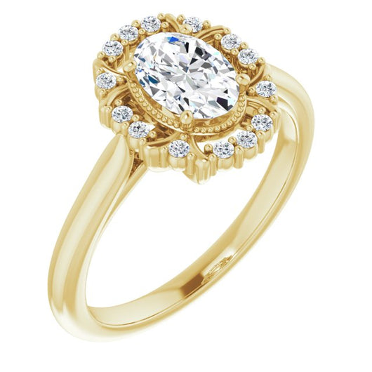 10K Yellow Gold Customizable Oval Cut Design with Majestic Crown Halo and Raised Illusion Setting