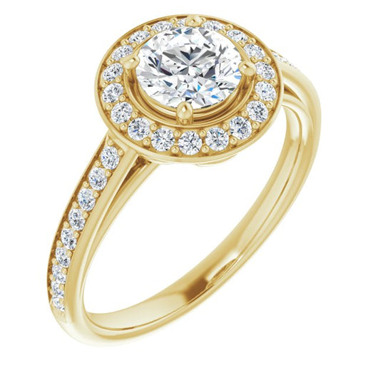 10K Yellow Gold Customizable Cathedral-raised Round Cut Halo-and-Accented Band Design