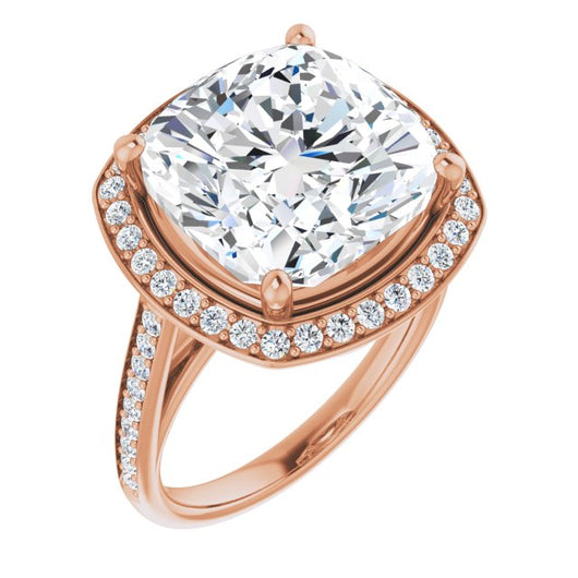 10K Rose Gold Customizable Cathedral-raised Cushion Cut Halo-and-Accented Band Design