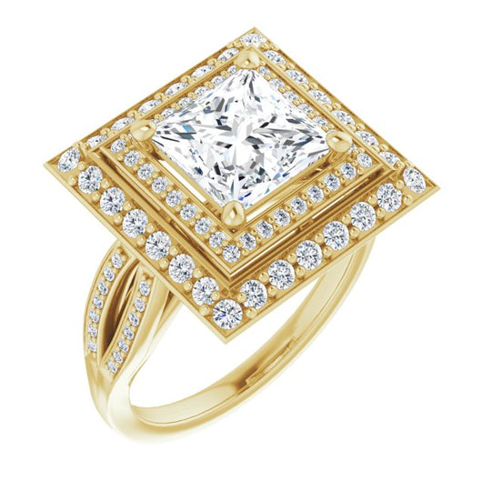 10K Yellow Gold Customizable Cathedral-style Princess/Square Cut Design with Double Halo & Split-Pavé Band