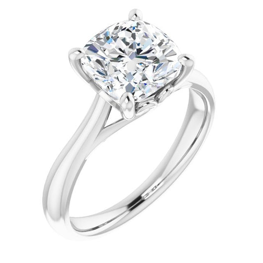 10K White Gold Customizable Cushion Cut Solitaire with Decorative Prongs & Tapered Band