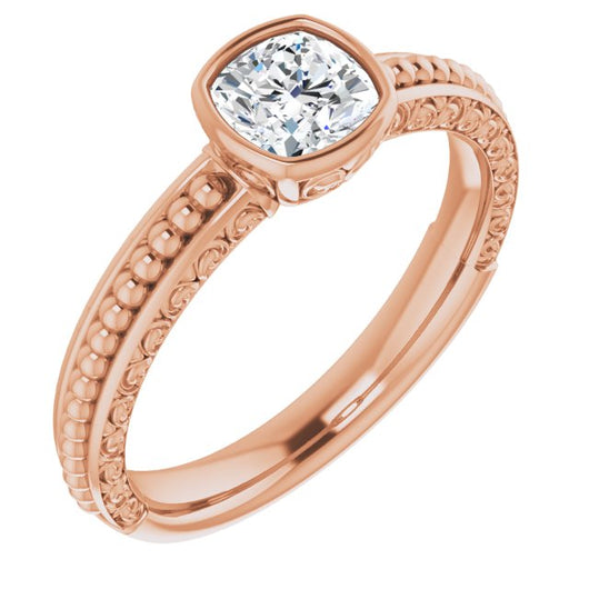 10K Rose Gold Customizable Bezel-set Cushion Cut Solitaire with Beaded and Carved Three-sided Band