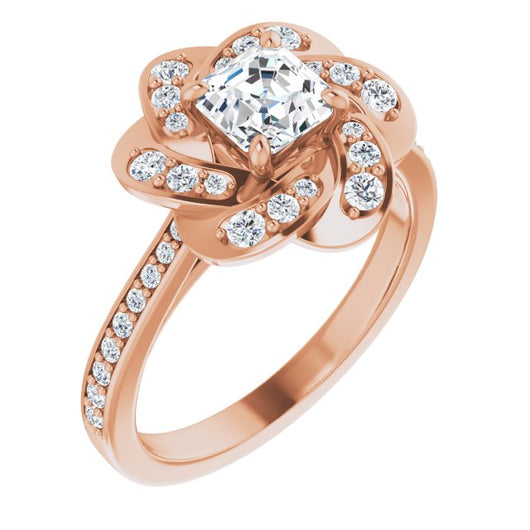 10K Rose Gold Customizable Cathedral-raised Asscher Cut Design with Floral/Knot Halo and Thin Accented Band