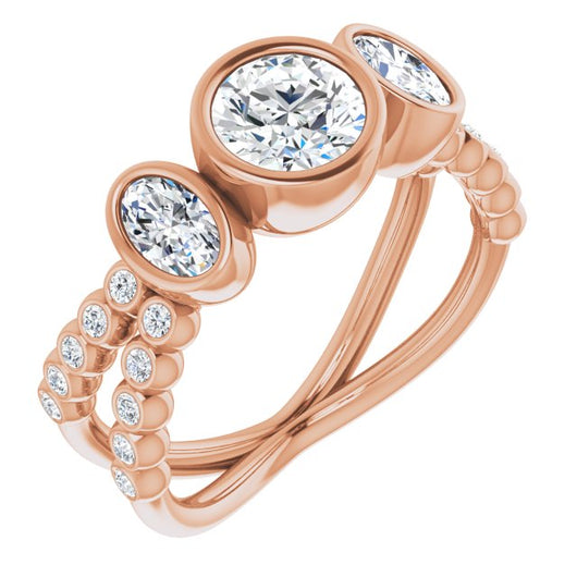 10K Rose Gold Customizable Bezel-set Round Cut Design with Dual Bezel-Oval Accents and Round-Bezel Accented Split Band