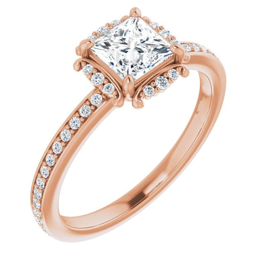 10K Rose Gold Customizable Princess/Square Cut Style with Halo and Thin Shared Prong Band