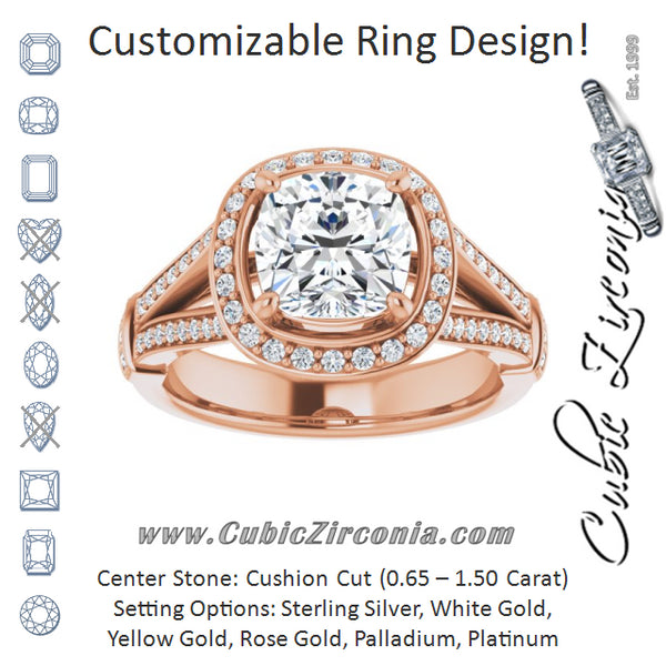 Cubic Zirconia Engagement Ring- The Cecelia (Customizable Cushion Cut Setting with Halo, Under-Halo Trellis Accents and Accented Split Band)