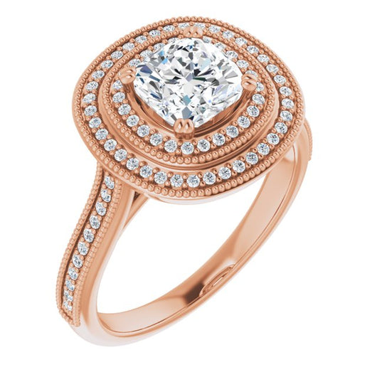 10K Rose Gold Customizable Cushion Cut Design with Elegant Double Halo, Houndstooth Milgrain and Band-Channel Accents