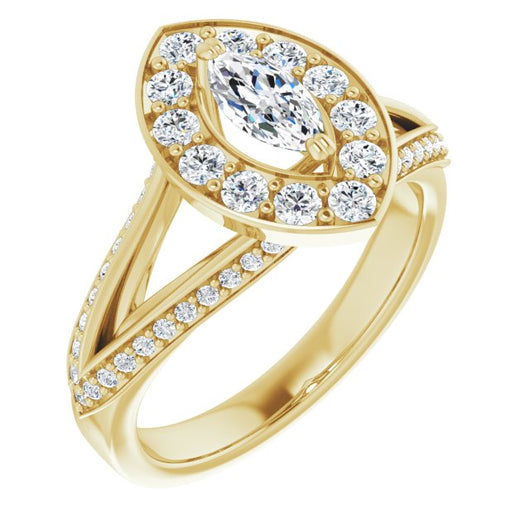 10K Yellow Gold Customizable Marquise Cut Center with Large-Accented Halo and Split Shared Prong Band