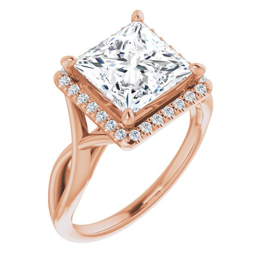 10K Rose Gold Customizable Cathedral-Halo Princess/Square Cut Design with Twisting Split Band