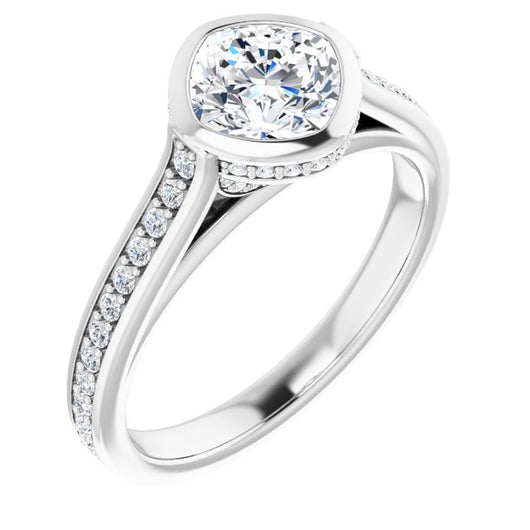 10K White Gold Customizable Cathedral-Bezel Cushion Cut Design with Under Halo and Shared Prong Band