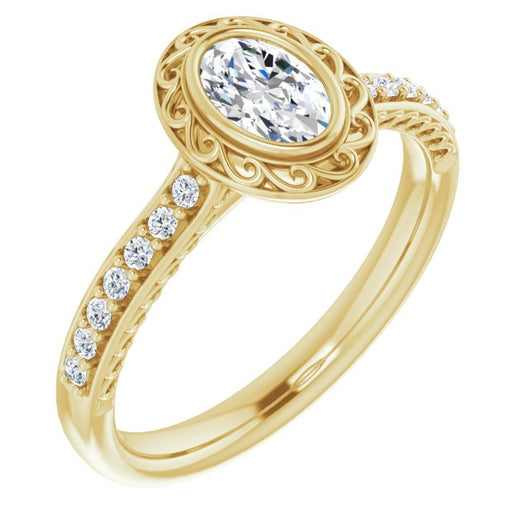 10K Yellow Gold Customizable Cathedral-Bezel Oval Cut Design featuring Accented Band with Filigree Inlay