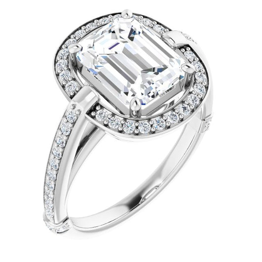 10K White Gold Customizable High-Cathedral Emerald/Radiant Cut Design with Halo and Shared Prong Band