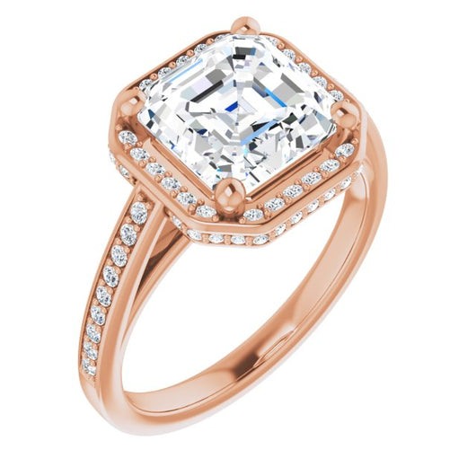 10K Rose Gold Customizable Cathedral-Halo Asscher Cut Design with Under-halo & Shared Prong Band