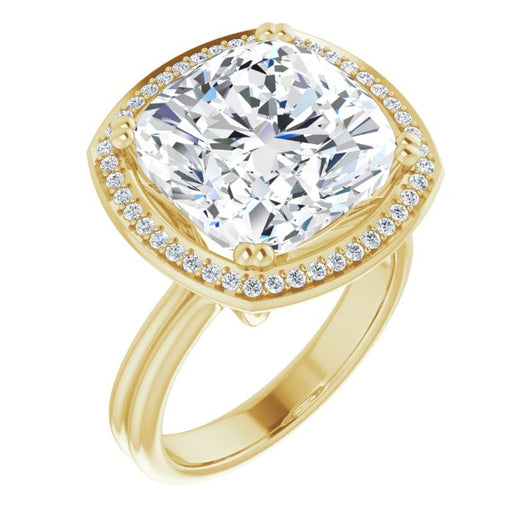 10K Yellow Gold Customizable Cushion Cut Style with Scooped Halo and Grooved Band