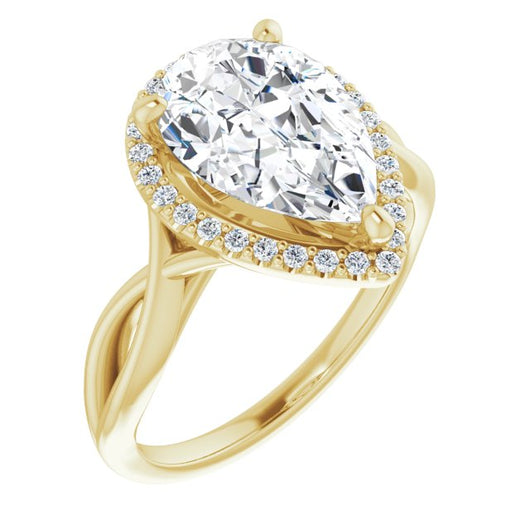 10K Yellow Gold Customizable Cathedral-Halo Pear Cut Design with Twisting Split Band