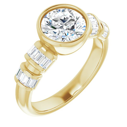 10K Yellow Gold Customizable Bezel-set Round Cut Design with Quad Horizontal Band Sleeves of Baguette Accents