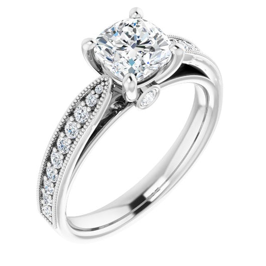 10K White Gold Customizable Cushion Cut Style featuring Milgrained Shared Prong Band & Dual Peekaboos