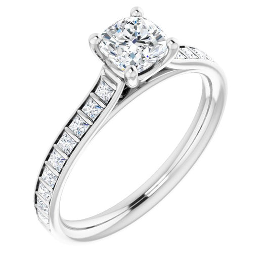 10K White Gold Customizable Cushion Cut Style with Princess Channel Bar Setting