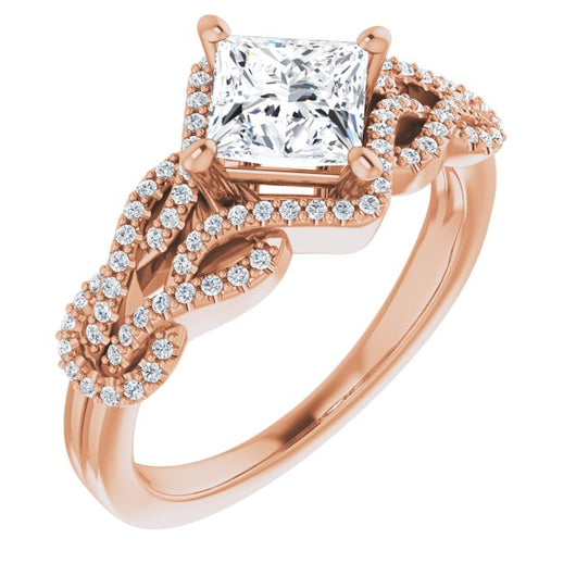 10K Rose Gold Customizable Princess/Square Cut Design with Intricate Over-Under-Around Pavé Accented Band