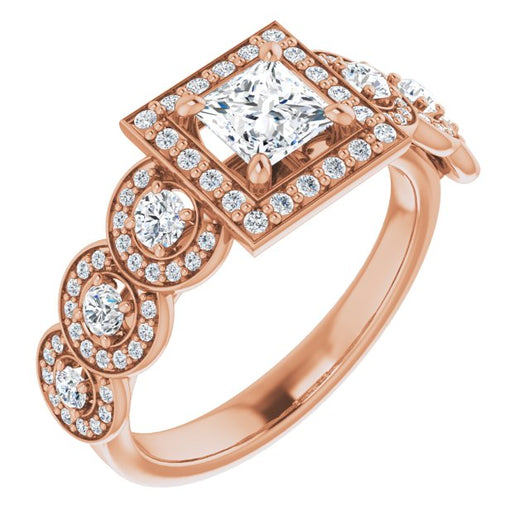 10K Rose Gold Customizable Cathedral-set Princess/Square Cut 7-stone style Enhanced with 7 Halos