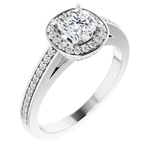 10K White Gold Customizable Cathedral-set Cushion Cut Design with Halo, Thin Pavé Band & Round-Bezel Peekaboos