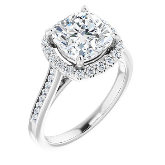 10K White Gold Customizable Cushion Cut Design with Halo, Round Channel Band and Floating Peekaboo Accents