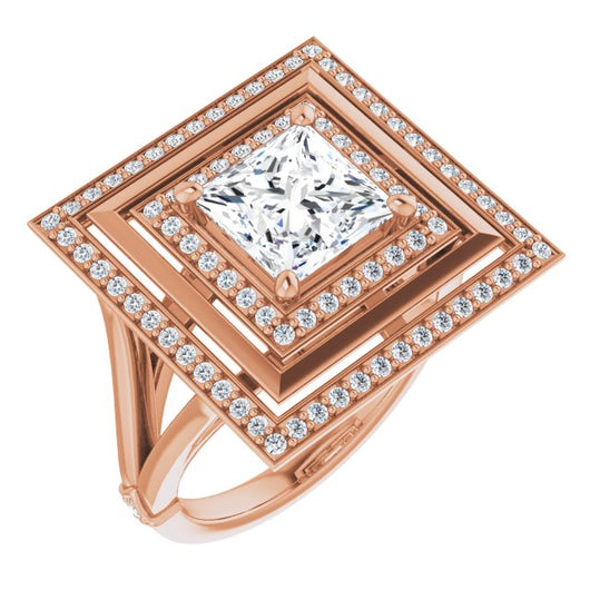 10K Rose Gold Customizable Princess/Square Cut Oversized 2x Halo Style with Knuckle Accented Split Band