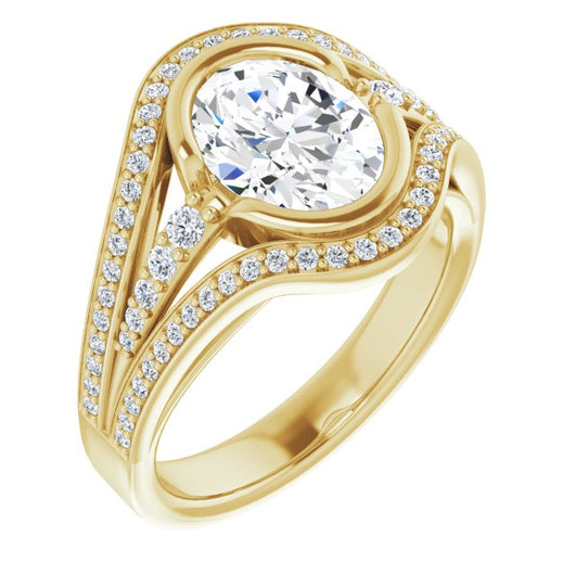 10K Yellow Gold Customizable Cathedral-Bezel Oval Cut Design with Wide Triple-Split-Pavé Band