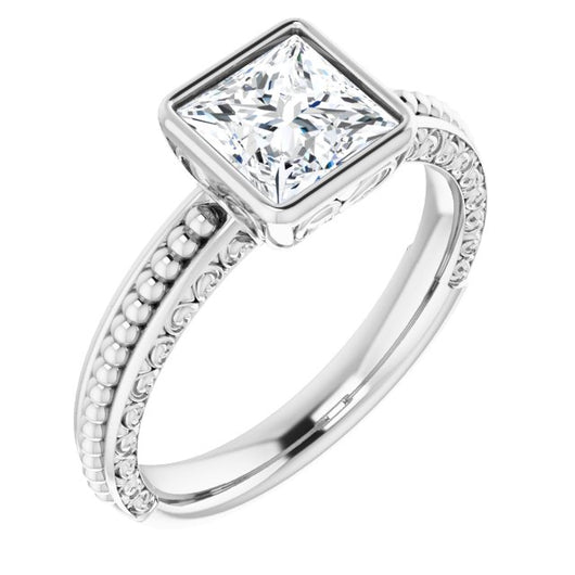 10K White Gold Customizable Bezel-set Princess/Square Cut Solitaire with Beaded and Carved Three-sided Band