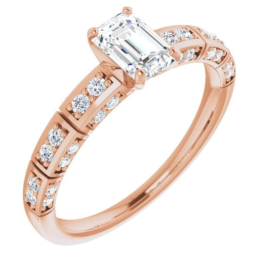 10K Rose Gold Customizable Emerald/Radiant Cut Style with Three-sided, Segmented Shared Prong Band