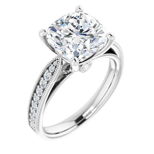 10K White Gold Customizable Cushion Cut Style featuring Milgrained Shared Prong Band & Dual Peekaboos